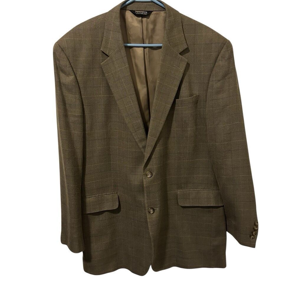 JOS A BANK mens gray PLAID silk + wool sport coat suit jacket blazer 46L